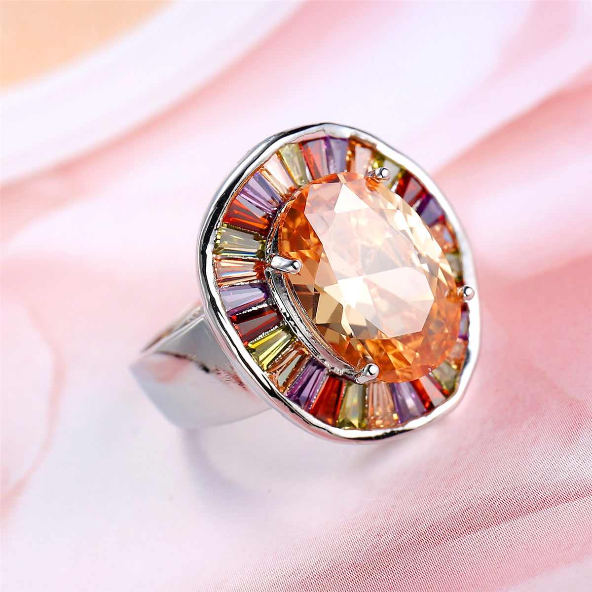 Peach Crystal & Cubic Zirconia Cocktail Ring