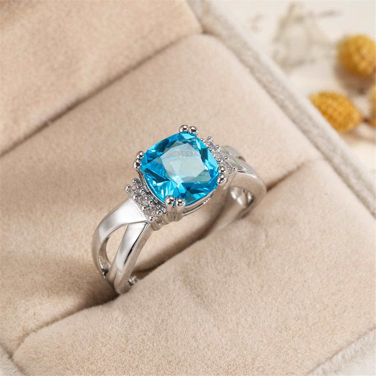 Sea Blue Crystal & Cubic Zirconia Ring-4