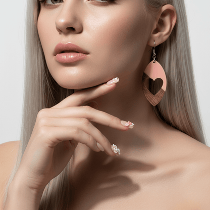Pink Resin & Wood Silvertone Heart Leaf Hook Earrings