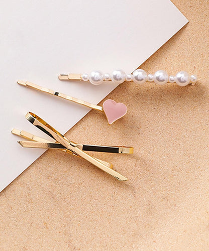 Pearl & Enamel Goldtone Heart Bow Hair Clip Set
