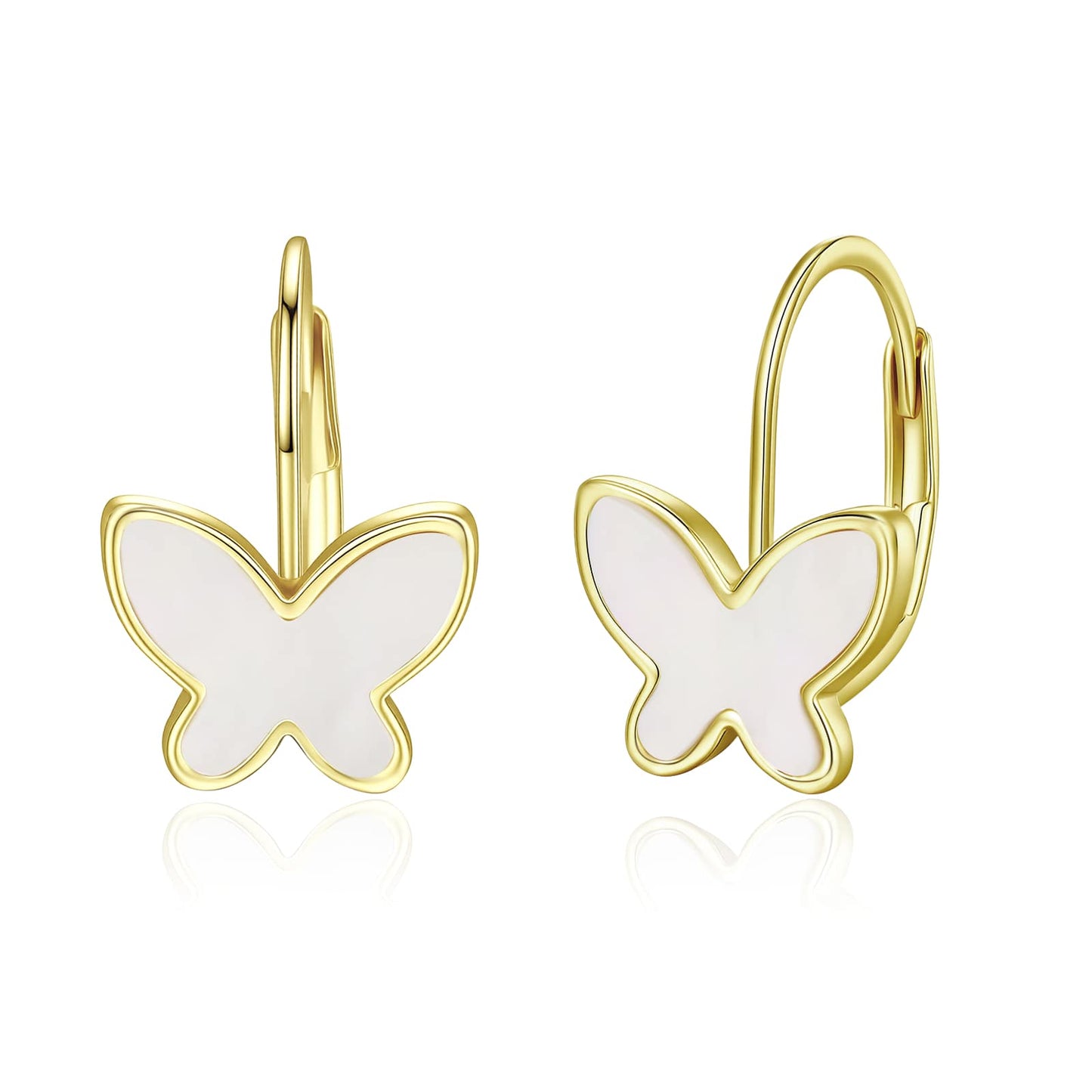 14k Yellow Gold Plated with Mother of Pearl Butterfly Inlay Dangle Drop Leverback Earrings