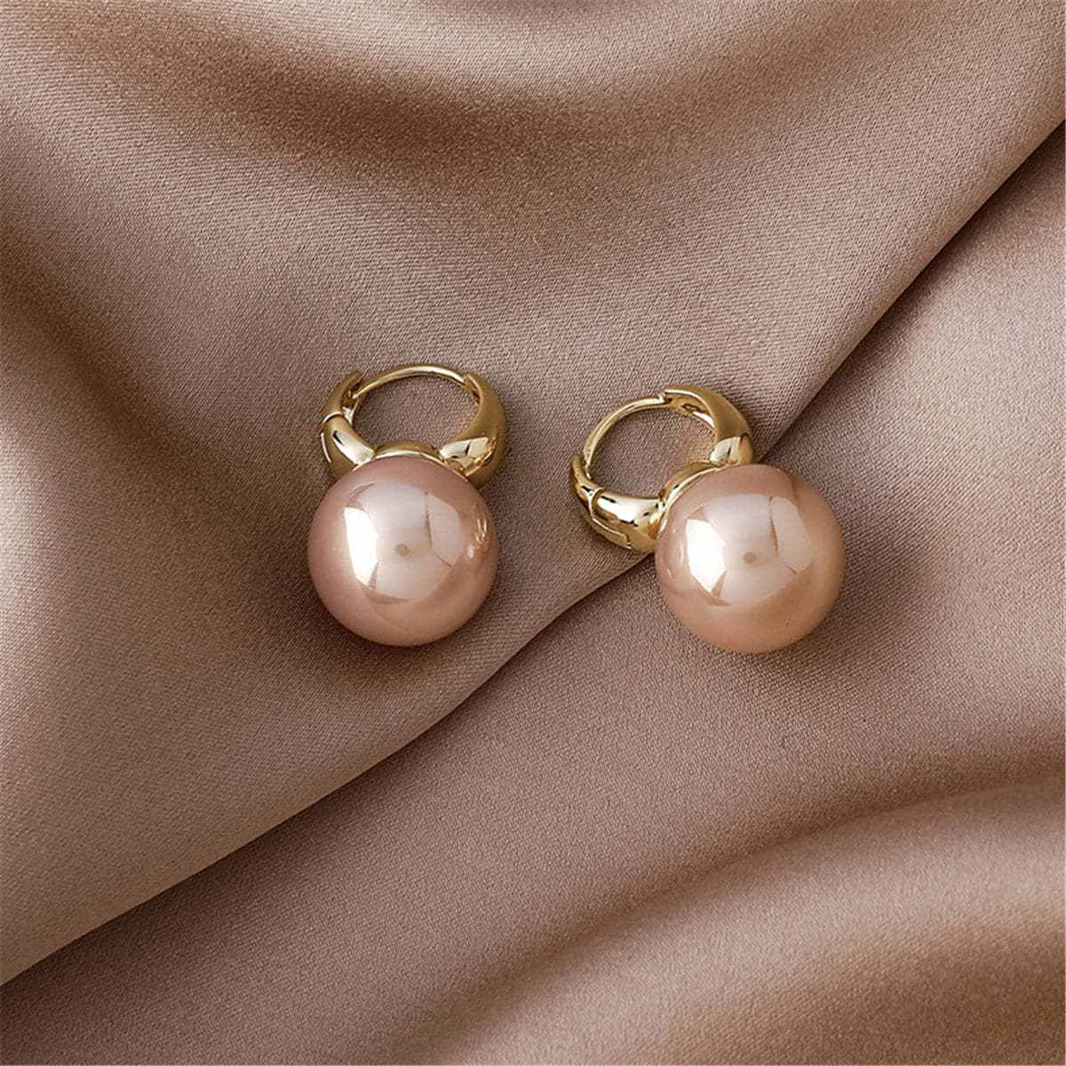 Pink Pearl & Goldtone Huggie Earrings