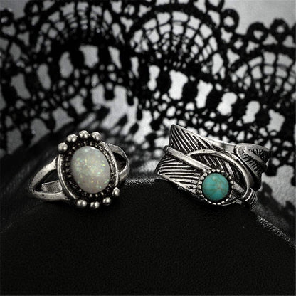 Turquoise & Silvertone Leaf Feather Ring Set