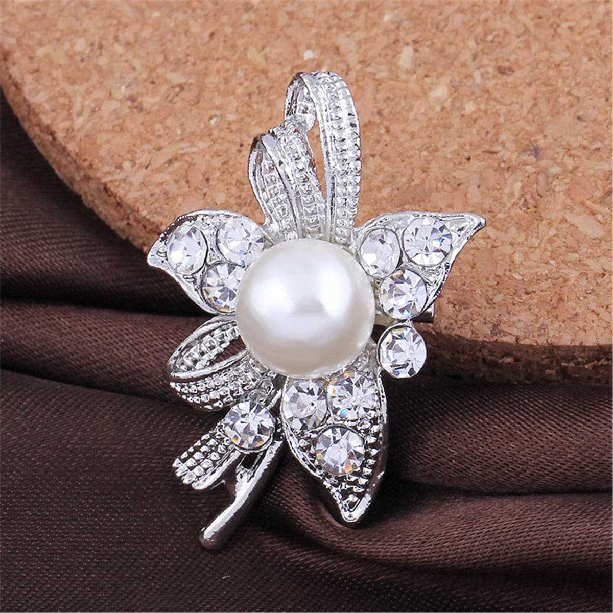 Cubic Zirconia & Silvertone Ribbon Flower Brooch