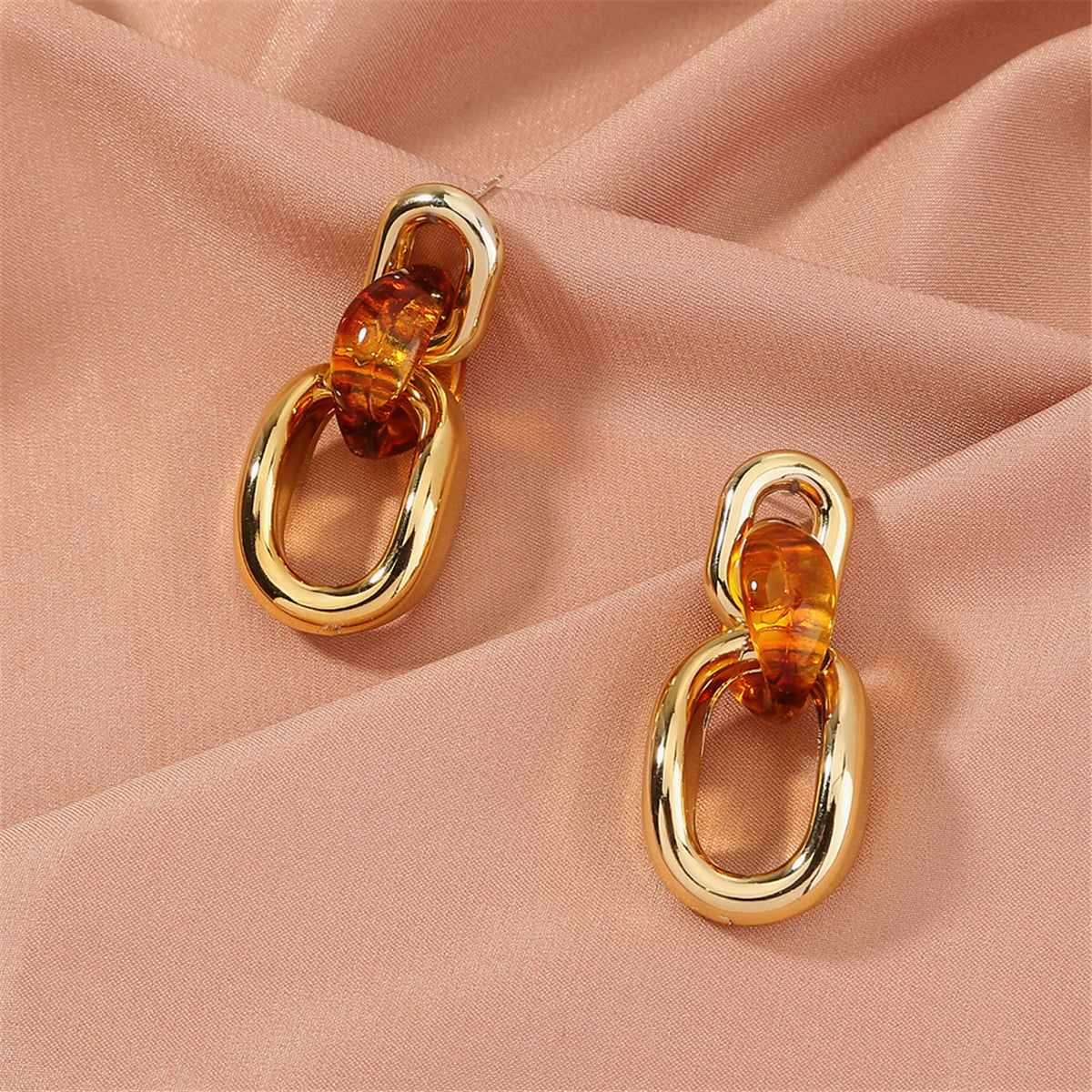 Orange & Goldtone Link Drop Earrings