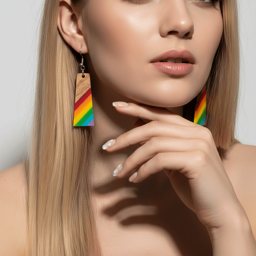 Multi-Colored Resin & Wood Silvertone Stripped Trapezoid Hook Earrings