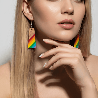 Multi-Colored Resin & Wood Silvertone Stripped Trapezoid Hook Earrings