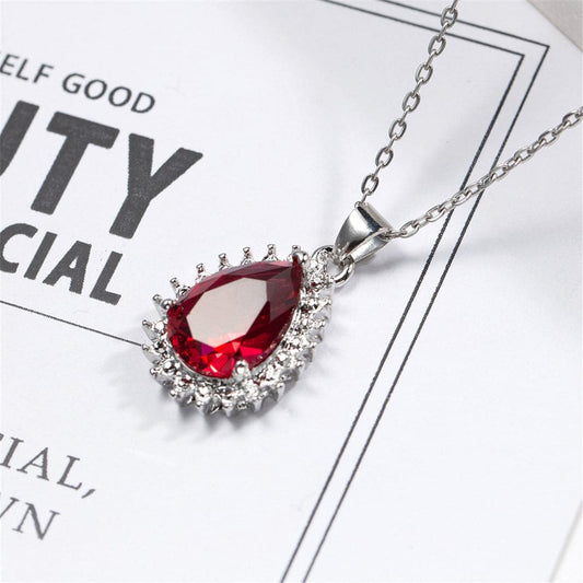 Rose Crystal & Silvertone Pear Pendant Necklace