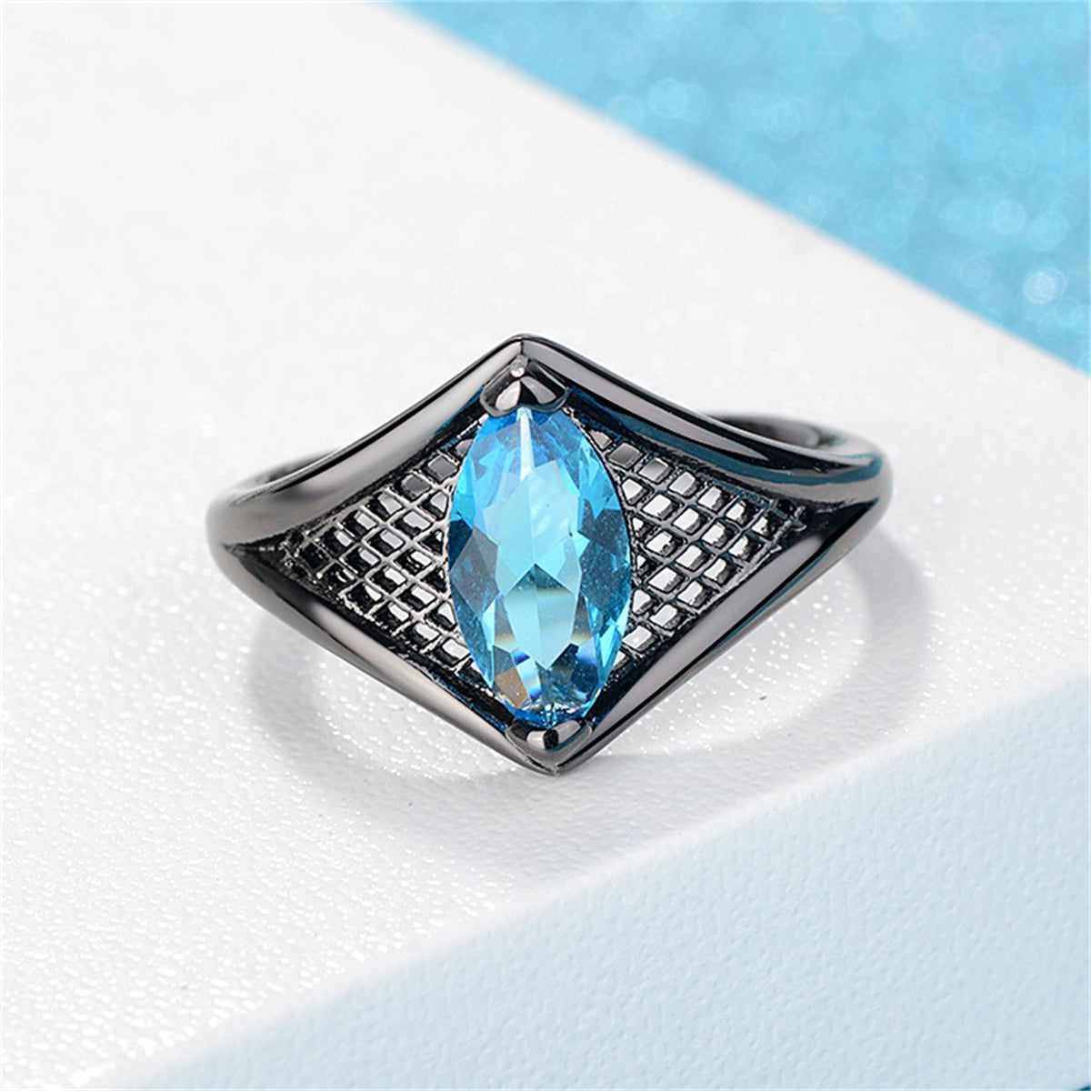 Sea Blue Crystal Black-Tone Marquise Web Ring-2