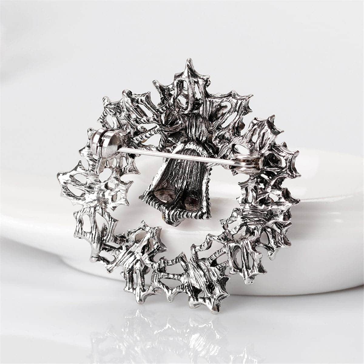 Cubic Zirconia & Silvertone Bell Wreath Brooch
