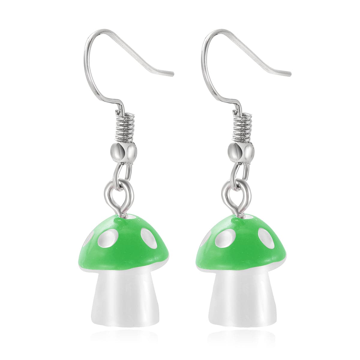 Green Resin & Silvertone Dot Mushroom Drop Earrings