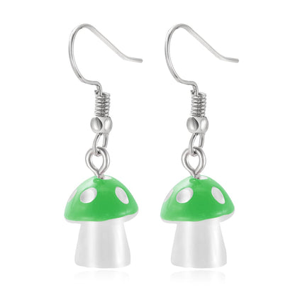 Green Resin & Silvertone Dot Mushroom Drop Earrings