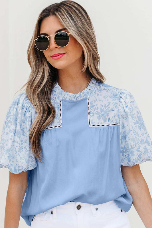 Threaded Pear Saanvi Lace Floral Puff Sleeve Loose Blouse