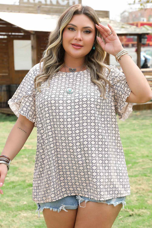 Threaded Pear Faith Plus Size Geometric Ruffled Sleeve Blouse