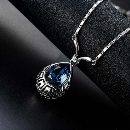 Blue & Silvertone Greek Key Pendant Necklace & Drop Earrings