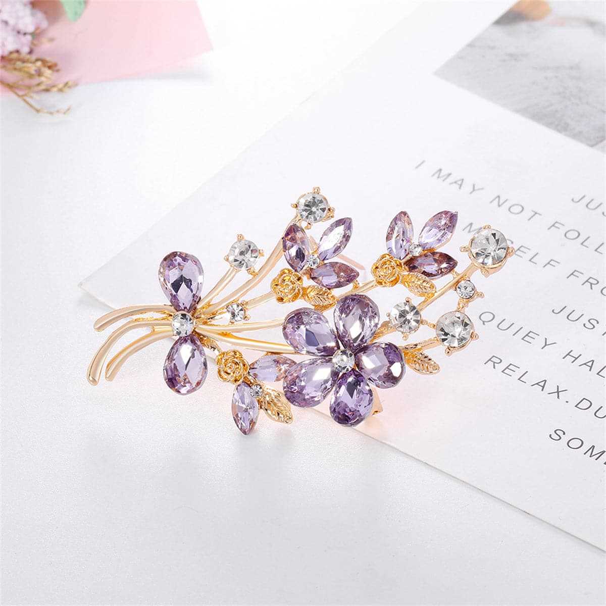 Purple Crystal & Cubic Zirconia Goldtone Flower Brooch