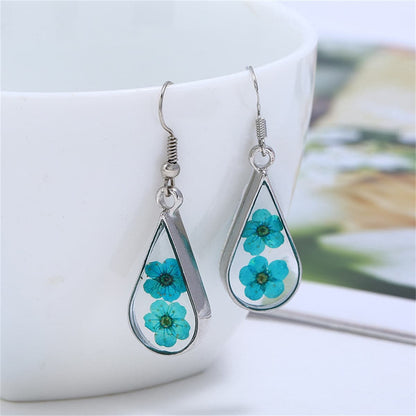 Blue Pressed Peach Flower & Silvertone Drop Earrings