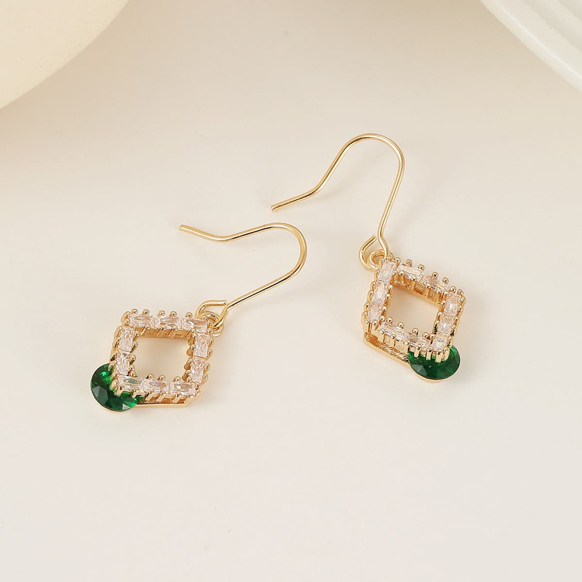 Green Crystal & Cubic Zirconia Goldtone Stacked Rhombus Hook Earrings