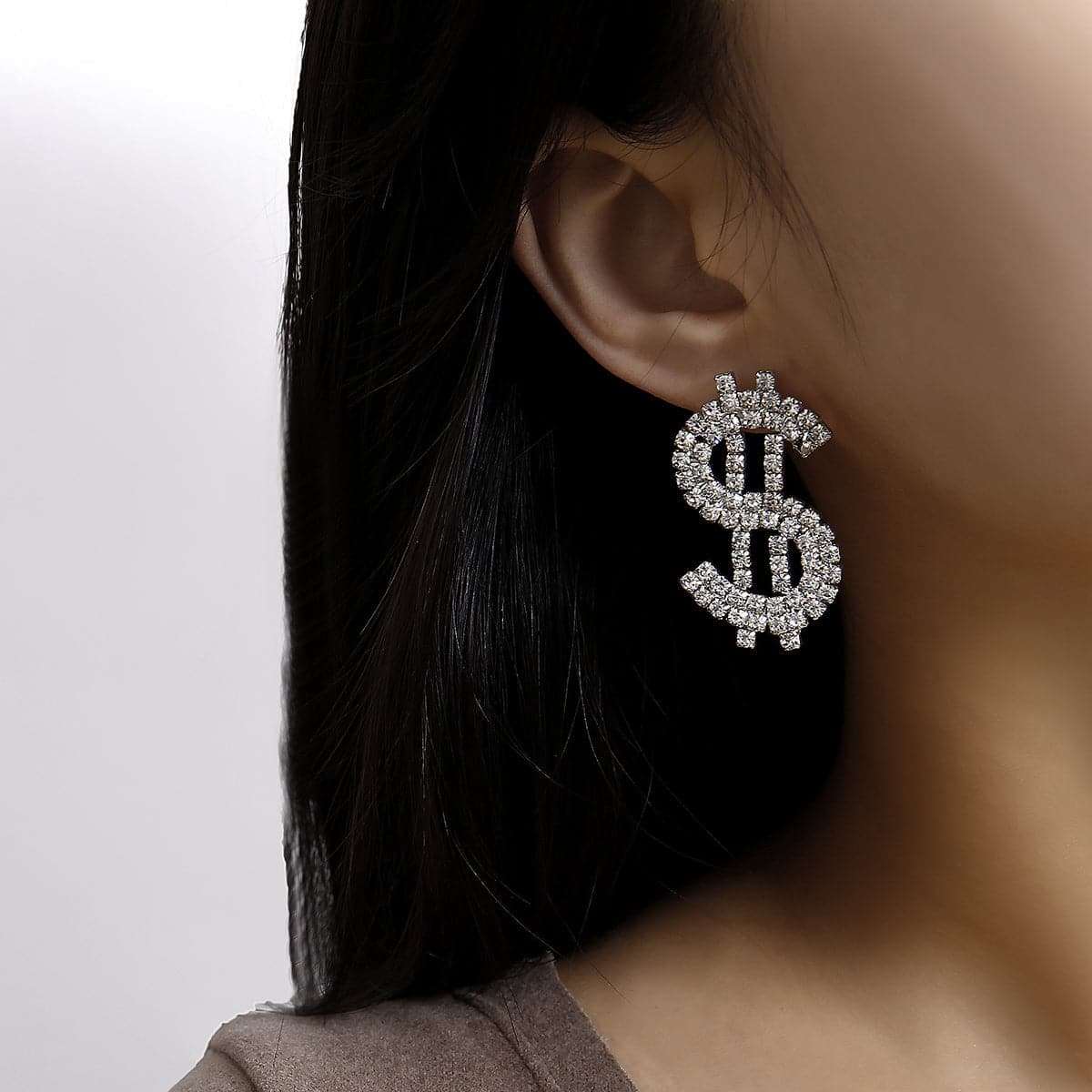 Cubic Zirconia & Silvertone Dollar Sign Drop Earrings