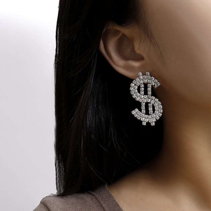 Cubic Zirconia & Silvertone Dollar Sign Drop Earrings