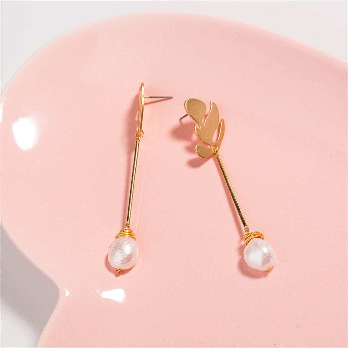 Pearl & Goldtone Leaf Drop Earrings-2