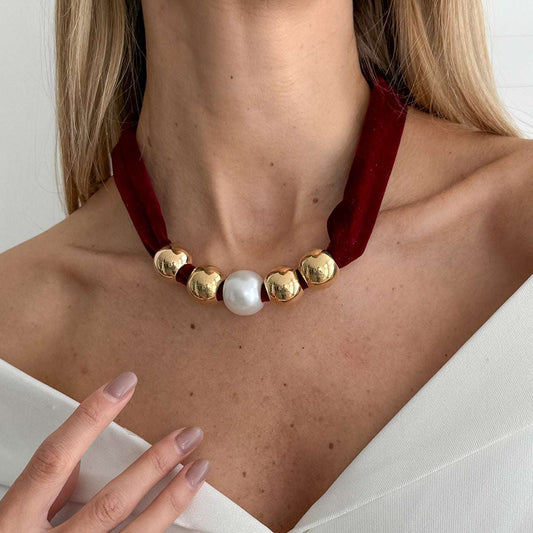 Wine Red Polyster & Pearl Goldtone Ball Collar Necklace
