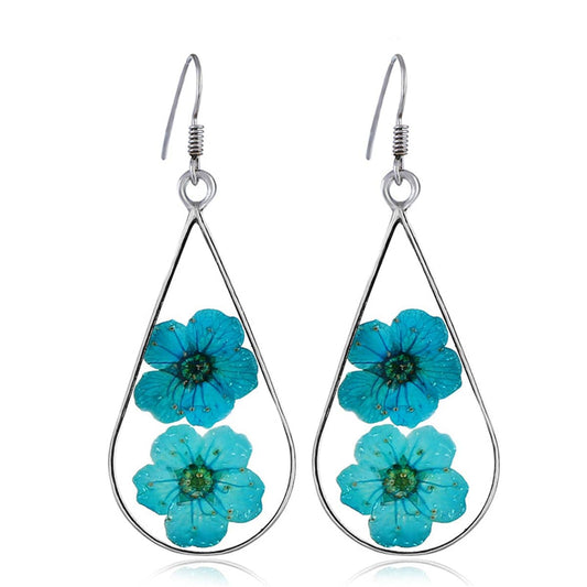Blue Pressed Peach Flower & Silvertone Drop Earrings