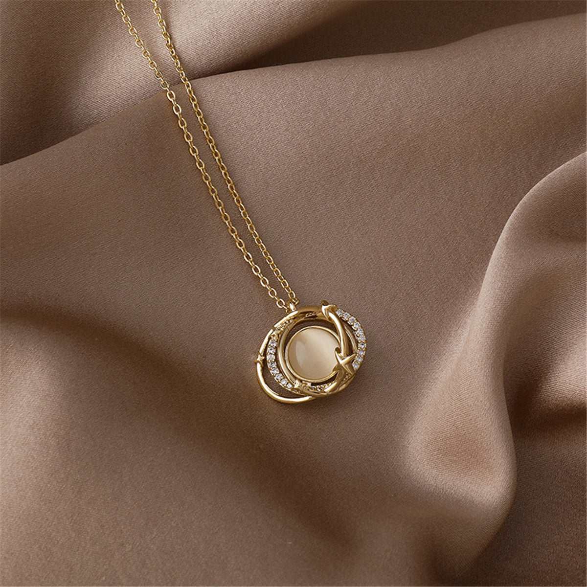 Cats Eye & Goldtone Planet Pendant Necklace