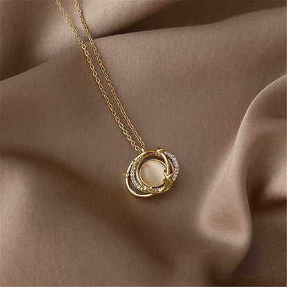 Cats Eye & Goldtone Planet Pendant Necklace