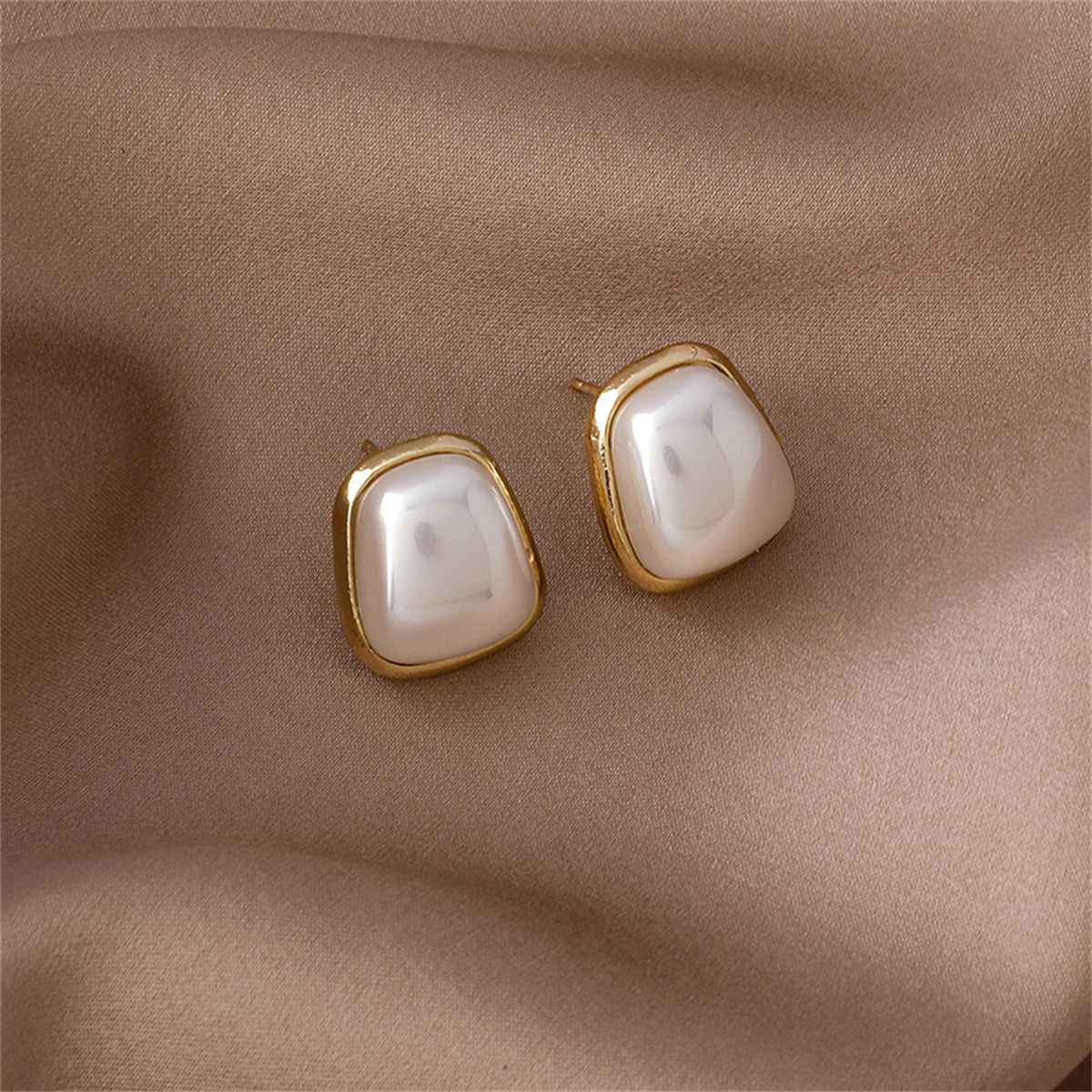Pearl & Goldtone Rectangle Stud Earrings