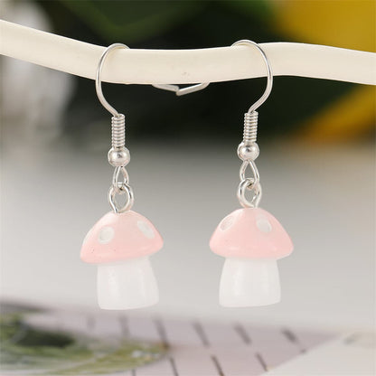 Pink Resin & Silvertone Dot Mushroom Drop Earrings