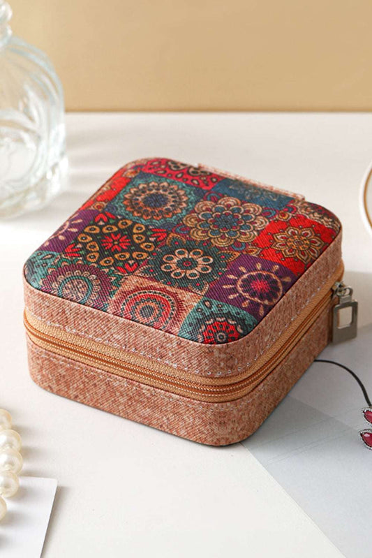Threaded Pear Retro Floral Print Portable Square Jewelry Box
