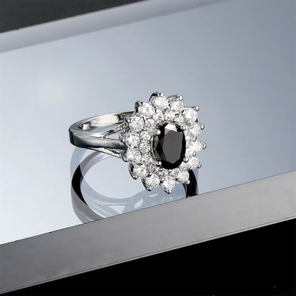 Cubic Zirconia & Black Crystal Flower Halo Ring-2