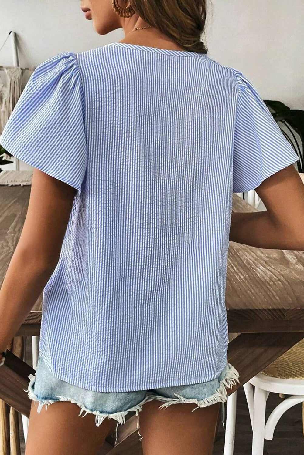 Threaded Pear Marisol Stripe Textured Ruffle Square Neck Blouse