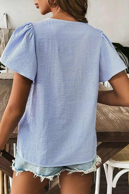 Threaded Pear Marisol Stripe Textured Ruffle Square Neck Blouse