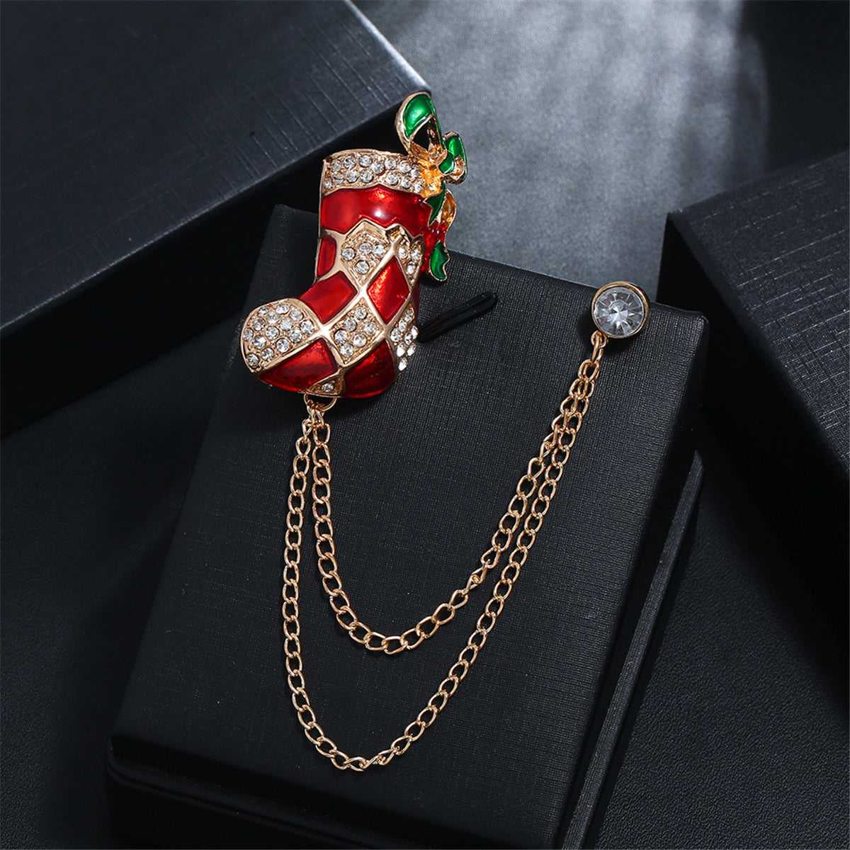 Red Enamel & Cubic Zirconia Goldtone Stocking Boot Chain Brooch
