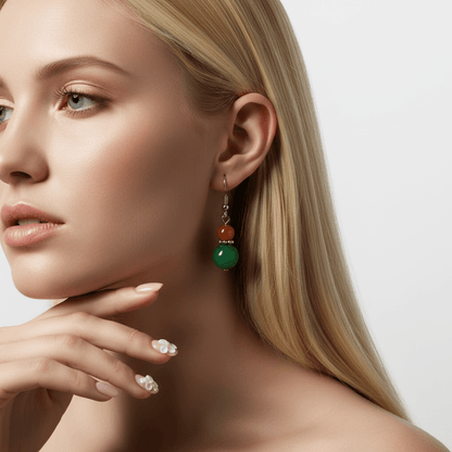 Orange & Green Jade Silvertone ‌Gourd-Shape Hook Earrings