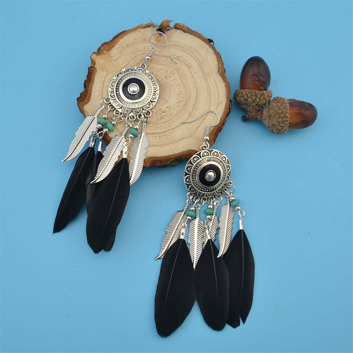 Black Feather & Silvertone Drop Earring