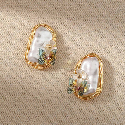 Pearl & Green Butterfly Stud Earrings