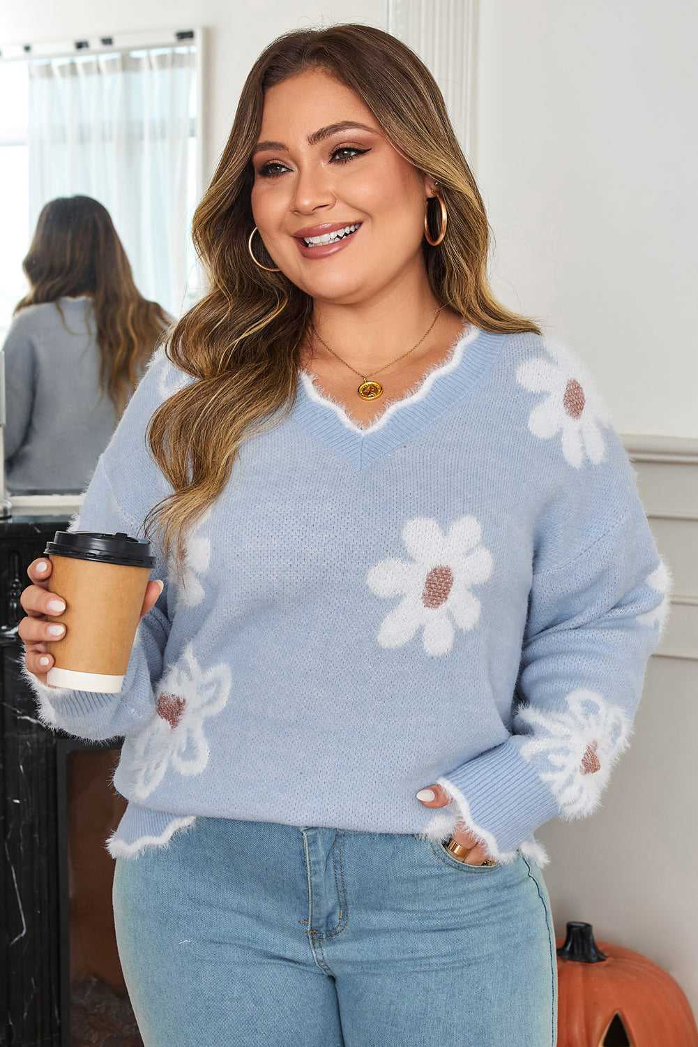 Lucille Fuzzy Flower Scalloped PLUS Sweater