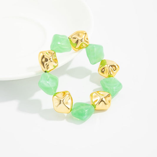 Green Resin & Goldtone Irregular Beads Station Stretch Bracelet