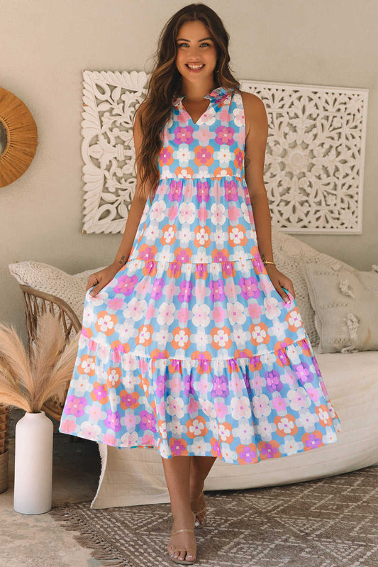 Threaded Pear Lottie Floral Print Frilly Neck Sleeveless Tiered Maxi Dress