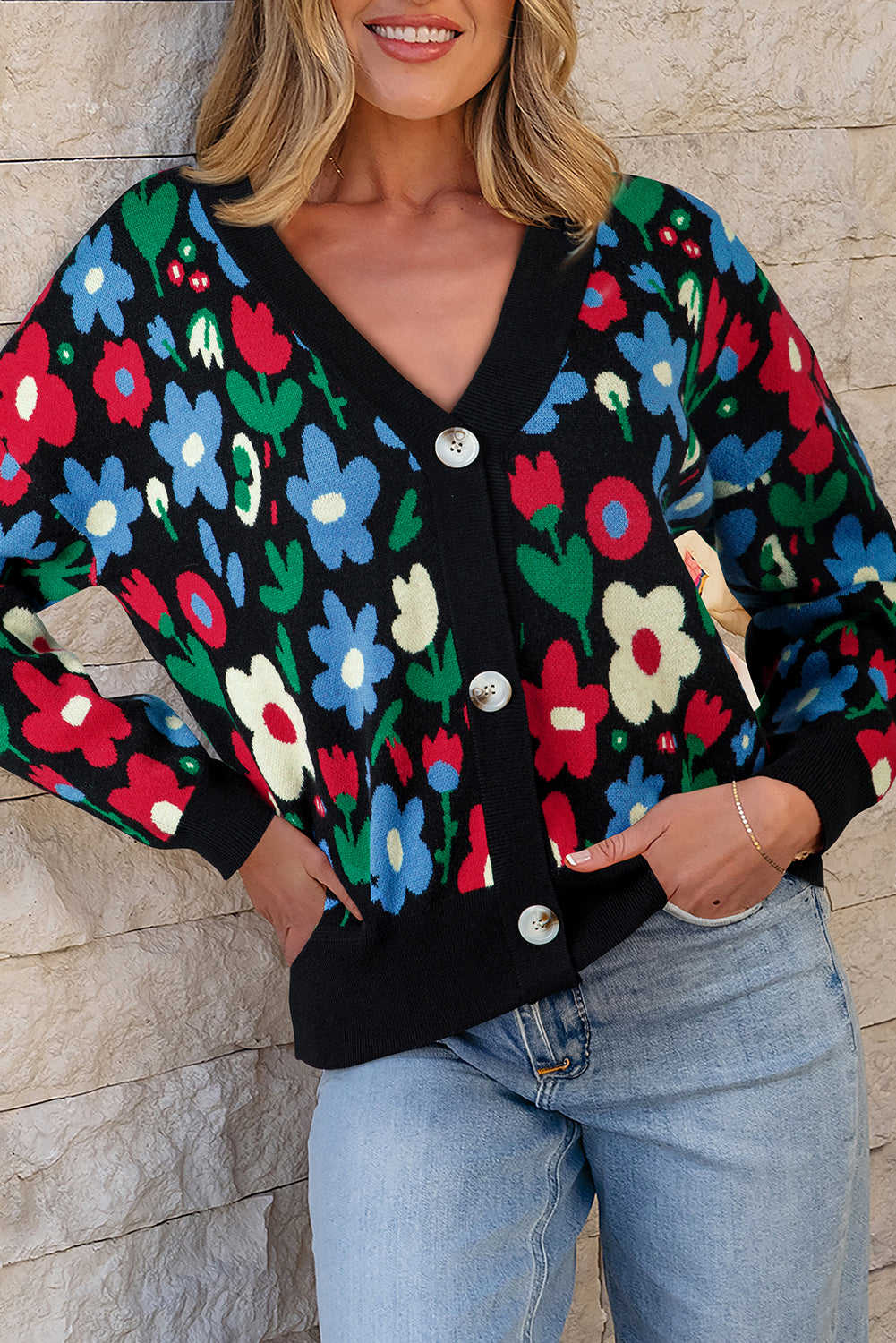 Zariah Print Short Cardigan Sweater - Black / L - 12/14