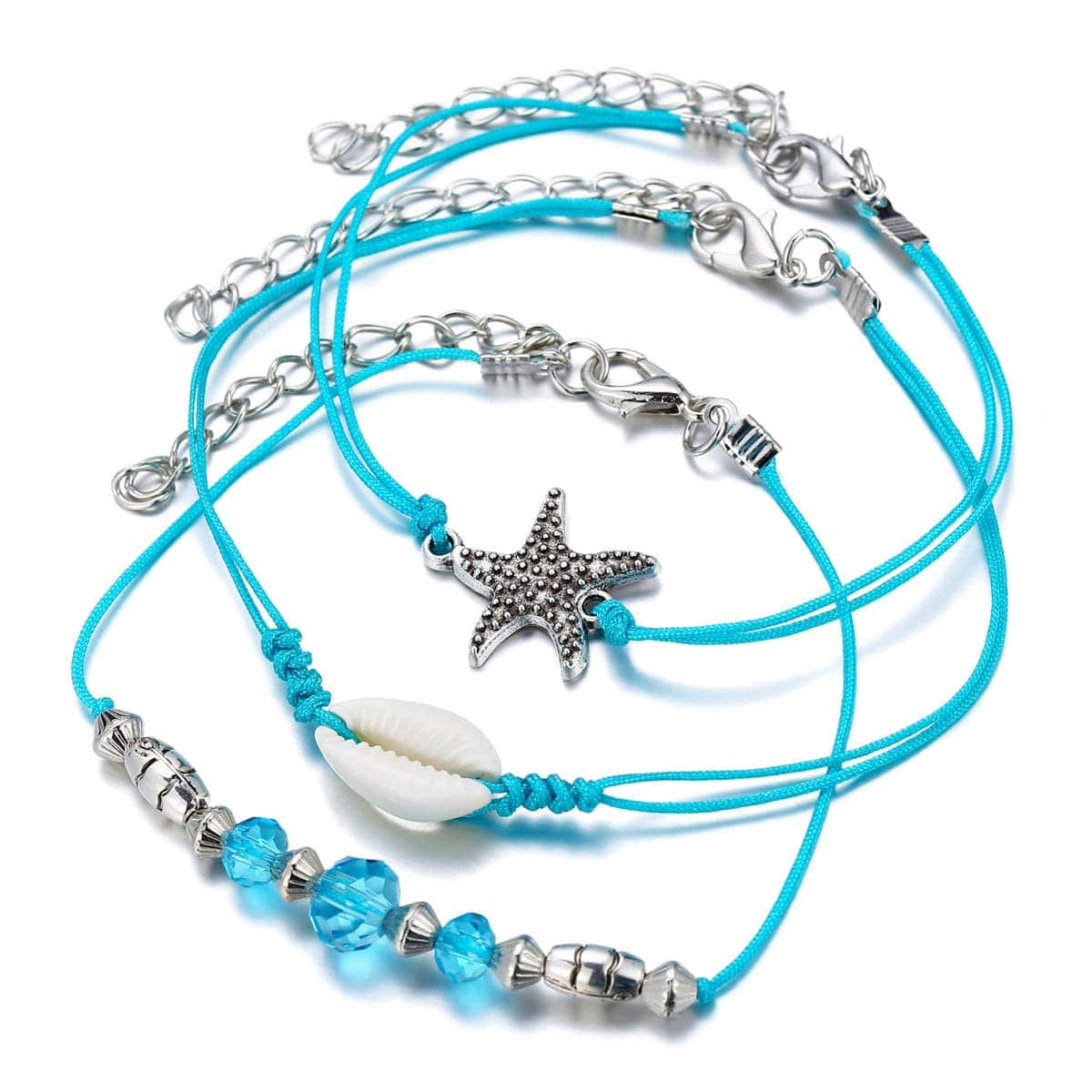 Blue Polyster & Pukka Shell Silvertone Starfish Anklet Set