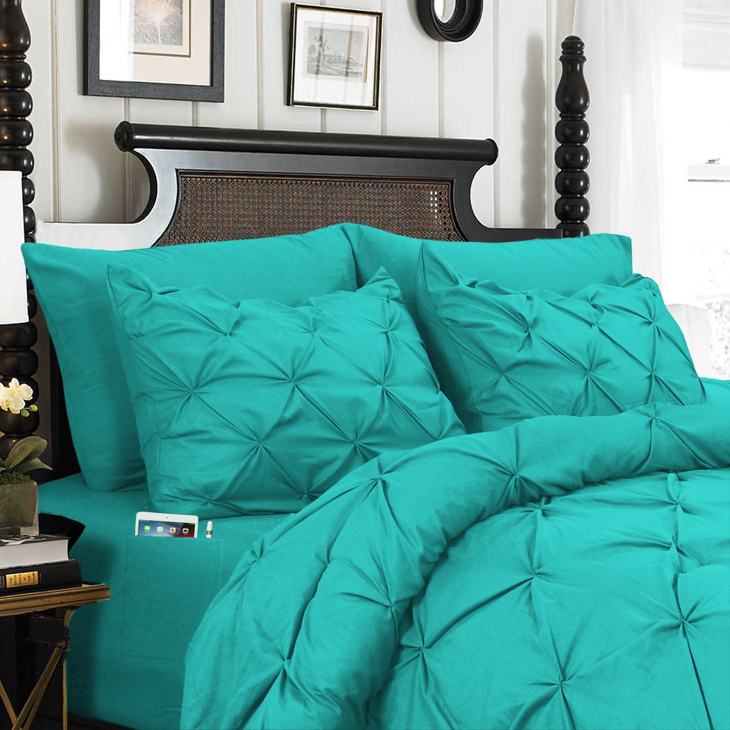 Elegant Comfort 8-Piece Pintuck Pinch Pleated Comforter Set - Includes 4-Piece Sheet Set with Double Sided Storage Pockets