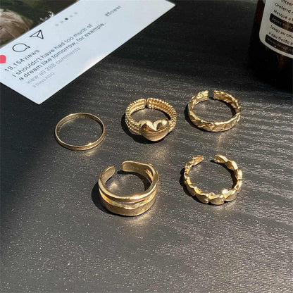Goldtone Heart Textured Chevron Open Ring Set