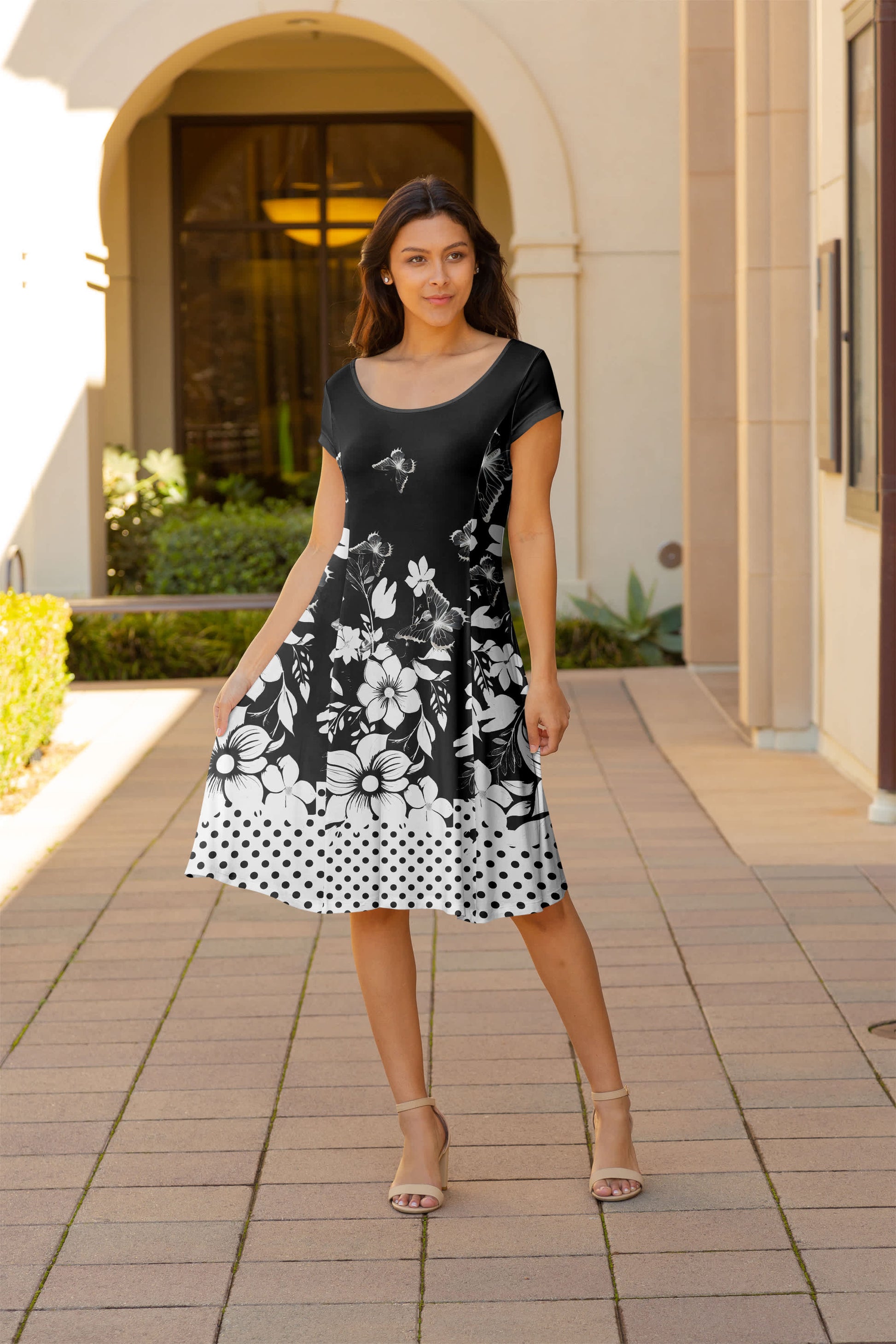 Lily by Firmiana Women's Cap Sleeve Short Dress Black & White Floral Border Black & White Floral Border / M