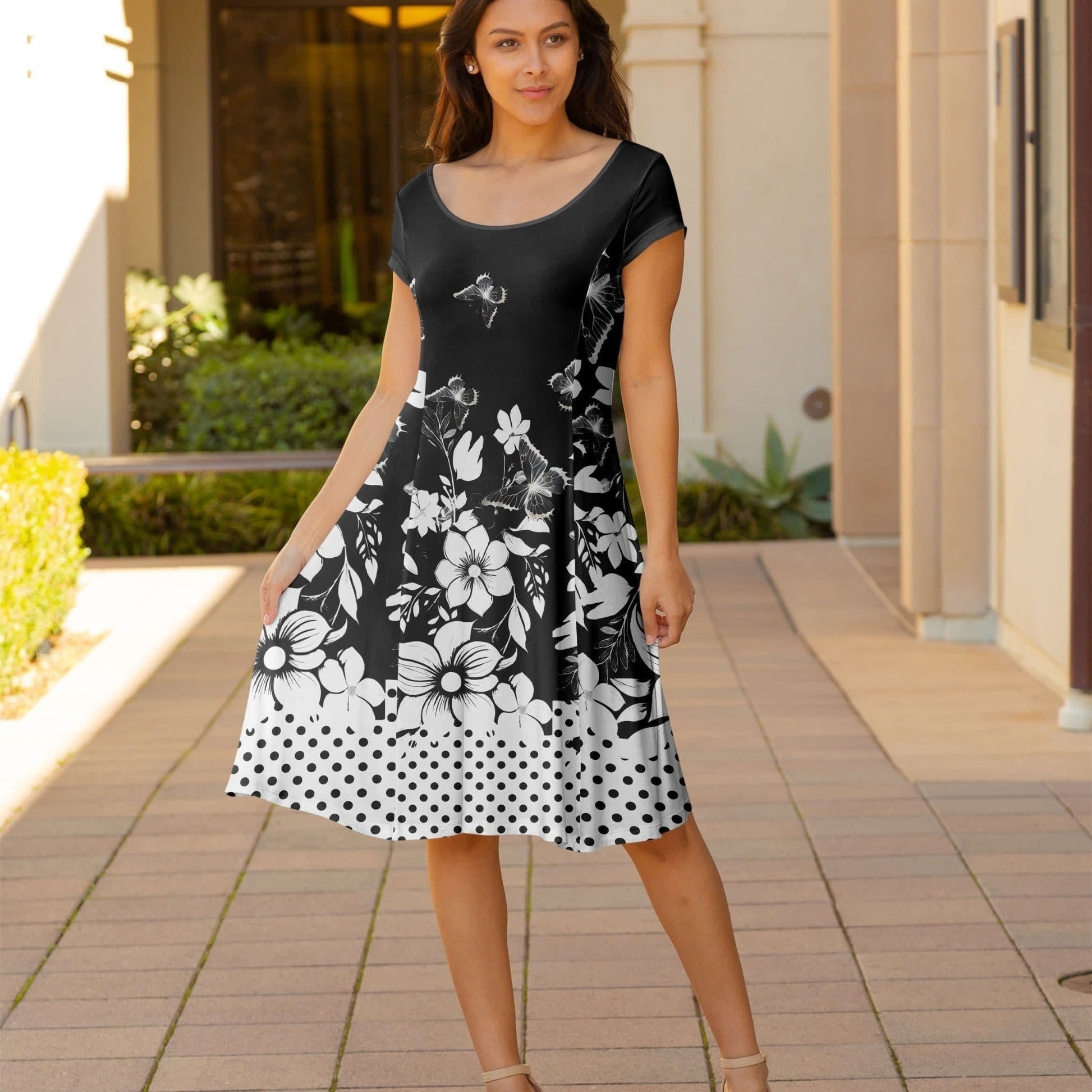 Lily by Firmiana Women's Cap Sleeve Short Dress Black & White Floral Border Black & White Floral Border / M