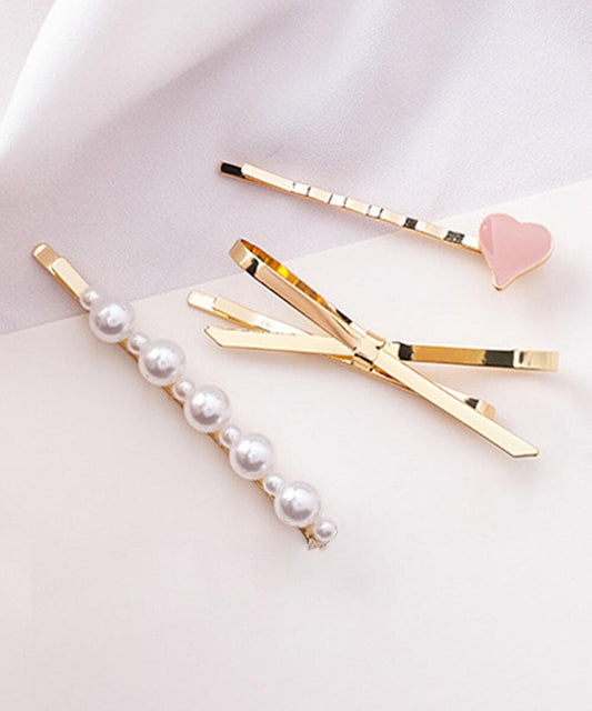 Pearl & Enamel Goldtone Heart Bow Hair Clip Set