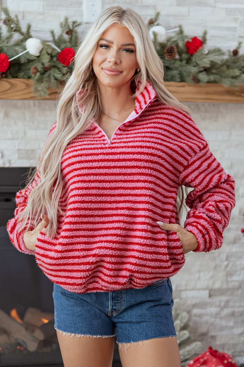 Camila Zip Fleece Oversize Sweatshirt - Red / L - 12/14